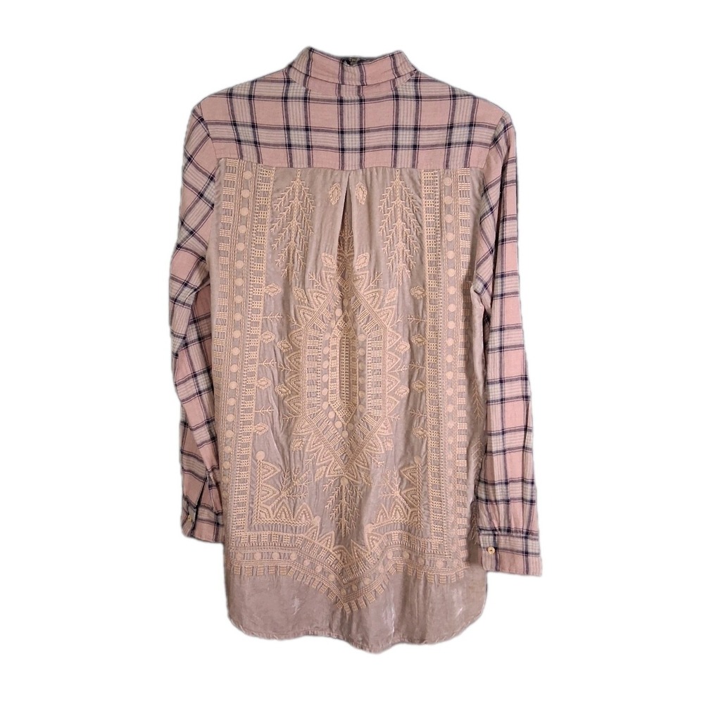 Johnny Was 3J Workshop Peach Plaid Flannel Embroidered Tunic Top Size X Small